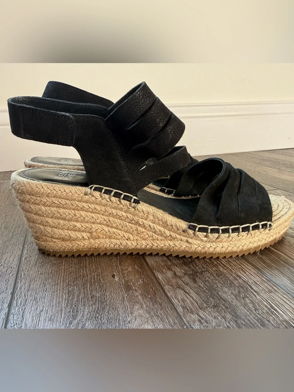 Eileen Fisher Black Suede Layered Espadrille Wedge Sandals